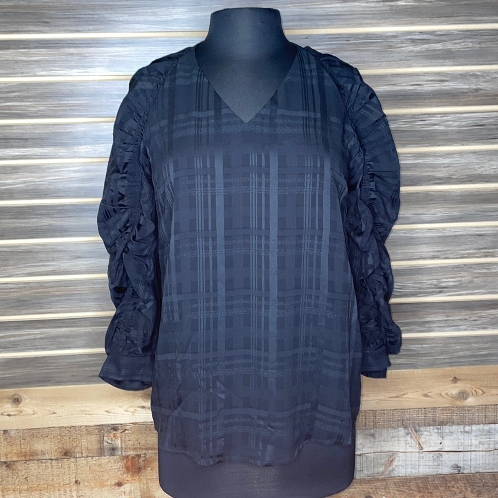Calvin Klein plaid Gathered Sleeve VNeck XS